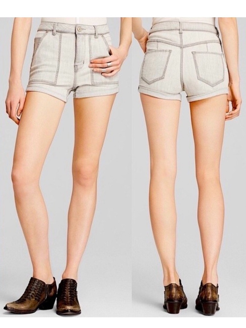 Free People High Rise Slim Cuffed Sequoyah Boho Cargo Jean Shorts Gray Denim 28
